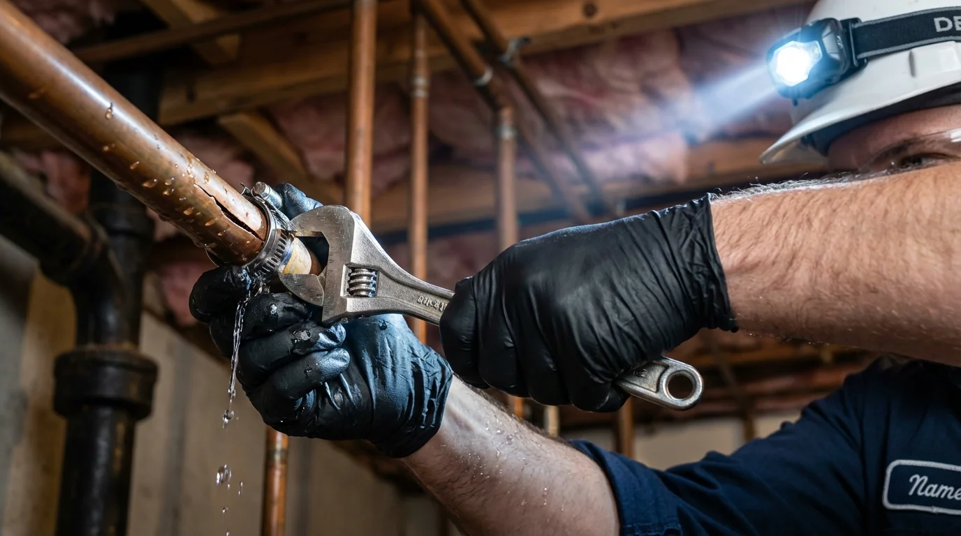 Emergency pipe clamp repair being performed by a Johns Plumbing LLC plumber in Elko