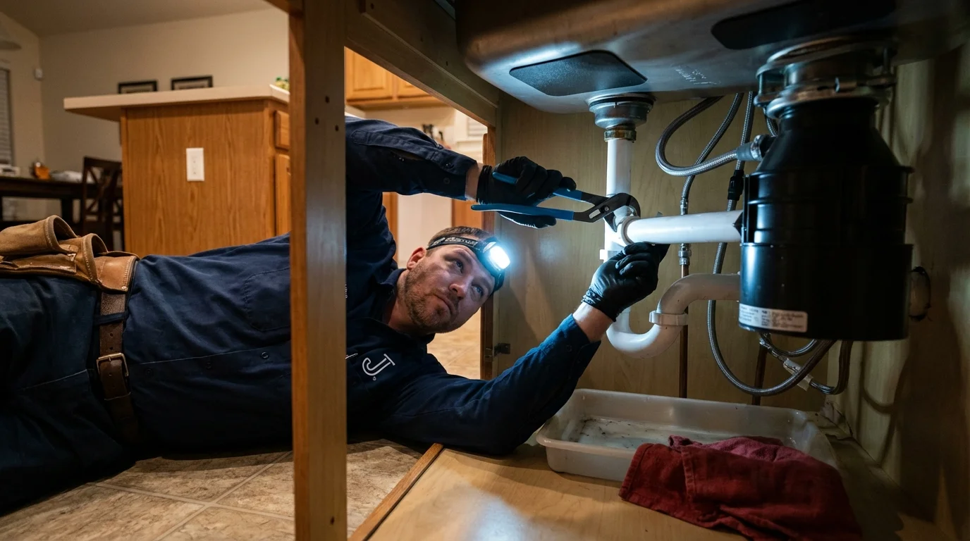 P-trap and supply line connections under a kitchen sink showing a common leak point in Elko, NV